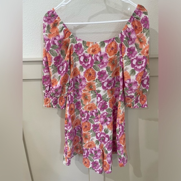 Lush Pink and Orange Floral Font-Tie Romper with Puff Sleeves Small - Picture 11 of 12